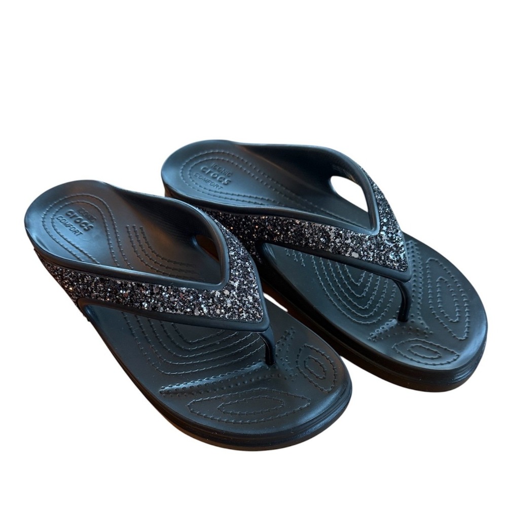 Crocs Sloane Glitter High Shine Black Platform Flip Flop Sandals Women 10 Travel
